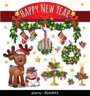 Sketch Of Cute Christmas Card With Red Ribbon Bow, Deer, Snowman, Golden Stars. New Year Candles, Classic Christmas Decorations, Wreath And Baubles. Sample Of Poster, Invitation. Vector Illustration. Stock Vector