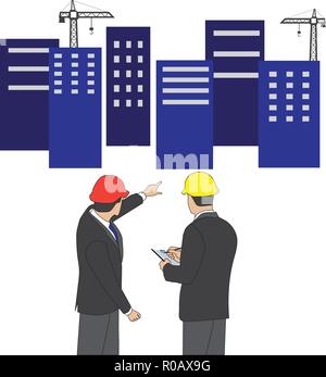 Businessman discuss about progress of project and pointing finger to construction site Stock Vector