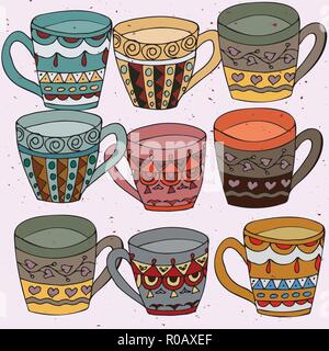 Tea cups set doodle illustration. Stock Vector