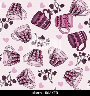 Doodle style seamless pattern with tea cups Stock Vector