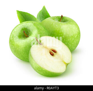 Isolated fruits. Cut green apples isolated on white background with clipping path Stock Photo