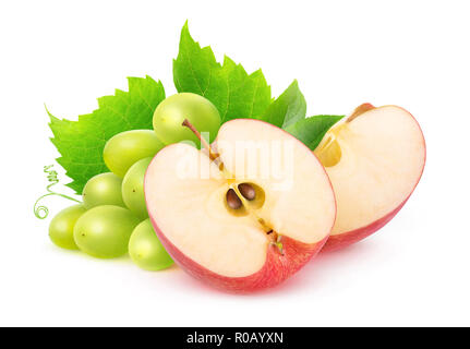 Isolated fruits. Cut red apple and bunch of white grapes isolated on white background with clipping path Stock Photo