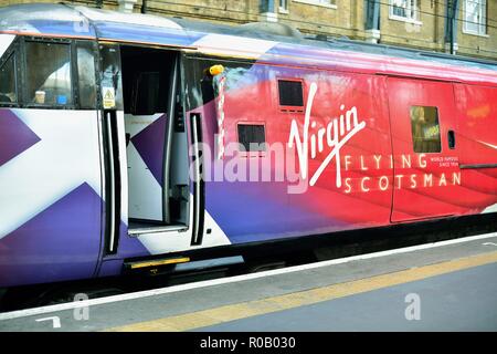 London, England, United Kingdom. Virgin Trains locomotive that lead the famed Flying Scotsman train from Edinburgh after its arrival in London. Stock Photo