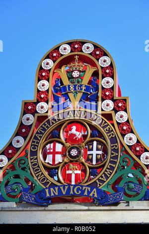 London, England, United Kingdom. A closeup of a London, Chatham and Dover Railway sign on the south end of a partially removed railroad bridge. Stock Photo