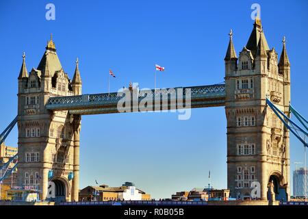 London, England, United Kingdom. The connected twin towers of the iconic Tower Bridge basking in the afternoon sun.