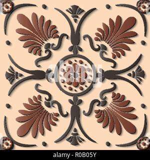 Seamless relief sculpture decoration retro pattern round curve cross fan shape leaf flower. Ideal for greeting card or backdrop template design Stock Vector