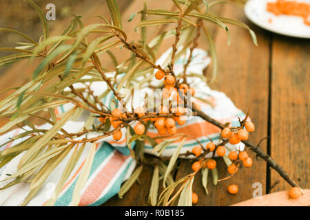 Twig sea buckthorn berries on a wooden background. Autumn decorative frame or border with fresh ripe sea-buckthorn berries and old wooden plank Stock Photo