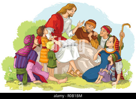 Jesus preaching to a group of people.Cartoon christian illustration Stock Photo