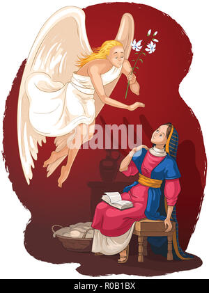 Annunciation. Angel Gabriel announcement to Mary of the incarnation of Jesus. Cartoon christian illustration Stock Photo