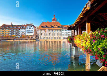 Luzern Chapel Bridge and waterfront landmarks view, town in central Switzerland Stock Photo