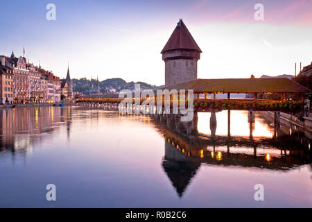 Kapelbrucke in Lucerne famous Swiss landmark dawn view, famous landmarks of Switzerland Stock Photo