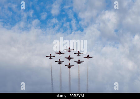 Snowbirds synchronized acrobatic planes performing at air show in Swift Current, Saskatchewan, Canada Stock Photo