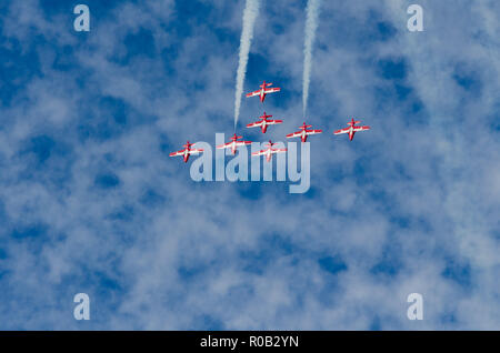 Snowbirds synchronized acrobatic planes performing at air show in Swift Current, Saskatchewan, Canada Stock Photo