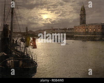 Grand Canal and Doge's Palace by Moonlight, Venice, Italy, Photochrome Print, Detroit Publishing Company, 1900 Stock Photo