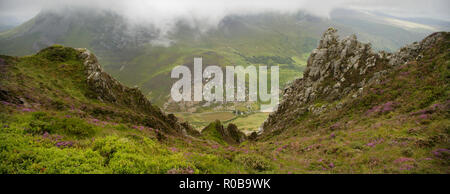 View from near the summit of Mynydd Mawr across the valley to the lower slopes of Mt Snowdon, near Rhyd Ddu, Snowdonia, Wales. Stock Photo