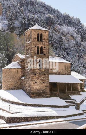 Snow in Sant Joan de Caselles Church in Canillo. Andorra la Vella, Andorra. Stock Photo