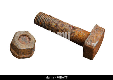 rusty old screw and nut isolated over white background Stock Photo