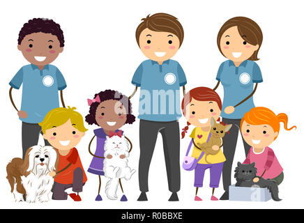 Illustration of Stickman Kids Holding Pet Dogs and Cats in a Shelter with Volunteers Stock Photo