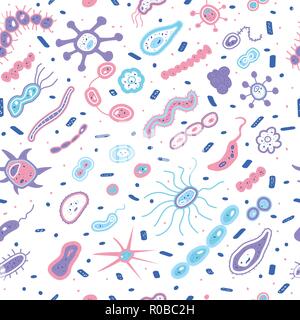 Bacterias cells seamless pattern. Microorganism collection. Vector doodle style composition. Stock Vector