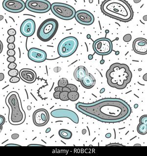 Bacterias cells seamless pattern. Microorganism collection. Vector doodle style composition. Stock Vector