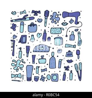 Vector beauty items. Set of doodle style cosmetic tools. Makeup collection. Stock Vector