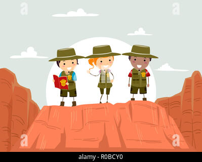 Illustration of Stickman Kids Wearing Uniform and Exploring the Canyons Stock Photo
