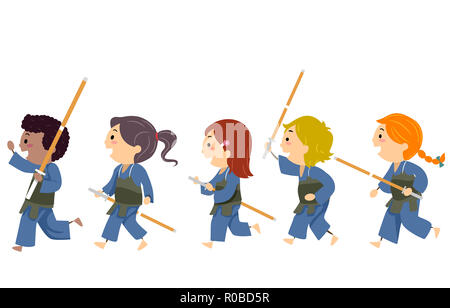 Illustration of Stickman Kids Wearing Uniform and Holding Bamboo Sticks Ready for Kendo Stock Photo