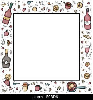 Vector frame of mulled wine elements and objects. Square border composition in doodle style. Stock Vector
