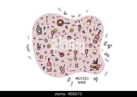 Vector set of mulled wine elements and objects. Composition  in abstracr frame in doodle style. Stock Vector