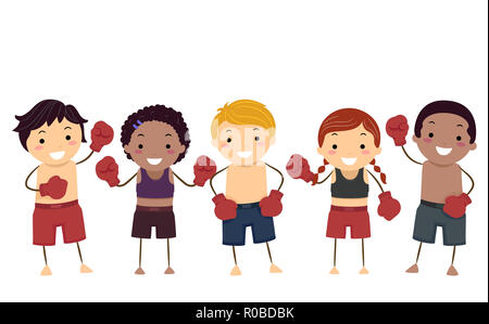 Illustration of Stickman Kids Wearing Uniform and Gloves Ready for Muay Thai Stock Photo