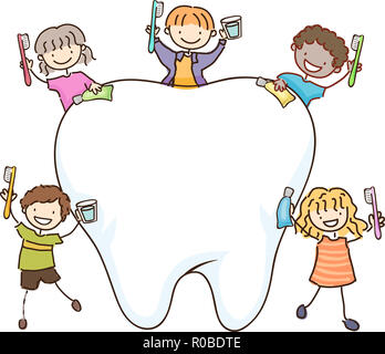 Illustration of Stickman Kids Holding Toothbrush and Glass of Water ...