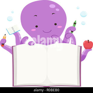 Illustration of an Octopus Mascot Holding a Pencil, Notebook, Crayon, Apple and an Open Book Board Stock Photo