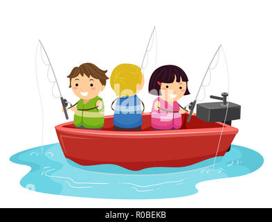 Illustration of Stickman Kids Fishing on a Motor Boat Out in the Sea