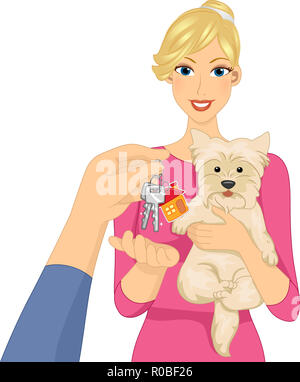 Illustration of a Girl Receiving House Keys for Home Sitting with a Dog Stock Photo