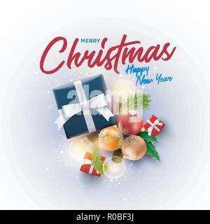 Christmas decoration objects and Christmas gift box with magical lights. Christmas and new year greeting and poster design. White background. Stock Vector