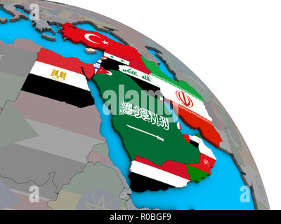 Middle East with embedded national flags on simple blue political 3D globe. 3D illustration. Stock Photo