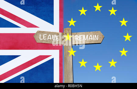 Leave or Remain in the European Union - Brexit Signpost concept with national flags image montage. Stock Photo