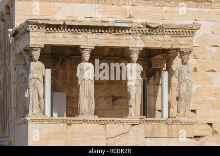 Acropolis hill, athens, Greece - October 28 2018: Caryatid statues in Erechtheion, Parthenon temple Stock Photo