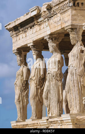 Athens, Greece - October 28 2018: Caryatid statues detail in Erechtheion, Parthenon temple, Acropolis hill Stock Photo