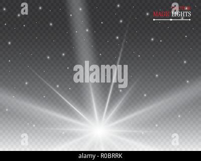 Glow light effect. Starburst with sparkles on transparent background. Vector illustration. Stock Vector
