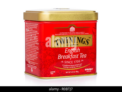LONDON, UK - NOVEMBER 01, 2018: Steel jar box of Eanglish Breakfast loose tea on white. Stock Photo