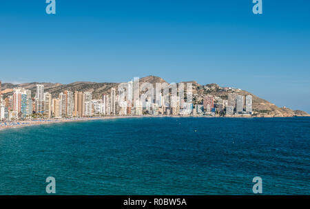 Panoramic view of Benidorm, in Spain.Benidorm Alicante playa de Poniente beach sunset in Spain.Skyscrapers near the beach in Benidorm, Spain.Skyline Stock Photo