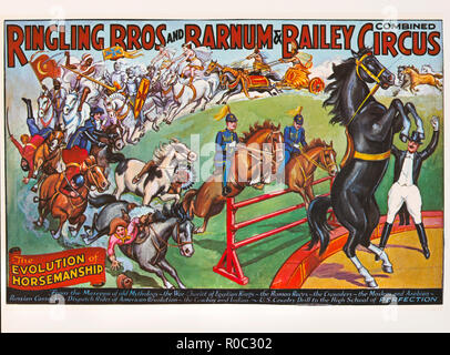 Ringling Bros and Barnum & Bailey Combined Circus, The Evolution of Horsemanship, Circus Poster, Lithograph, 1930's Stock Photo