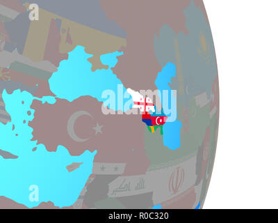 Caucasus region with national flags on simple political globe. 3D illustration. Stock Photo