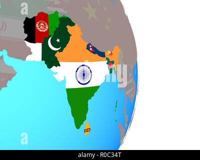 SAARC memeber states with national flags on simple political globe. 3D illustration. Stock Photo