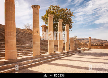 Temple ruins in Lindos. Rhodes, Greece. Stock Photo