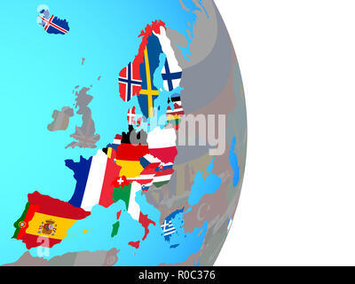 Schengen Area members with national flags on simple political globe. 3D illustration. Stock Photo