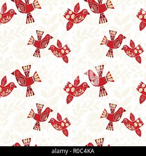 Vector christmas folk red birds seamless pattern. Stock Vector