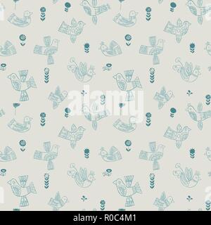Vector christmas folk blue birds seamless pattern. Stock Vector