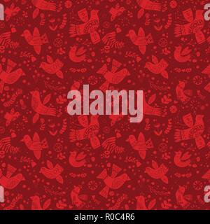 Vector red folk christmas birds seamless pattern. Stock Vector